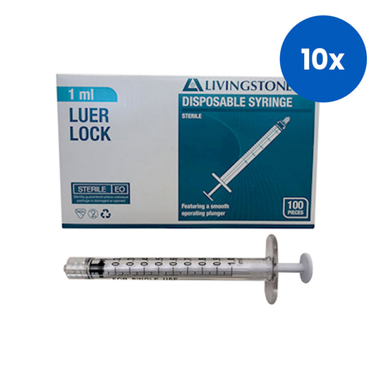 Livingstone Syringe 1ml Luer Lock Tip White Plunger Polycarbonate Barrel 100/Box - Clear x10