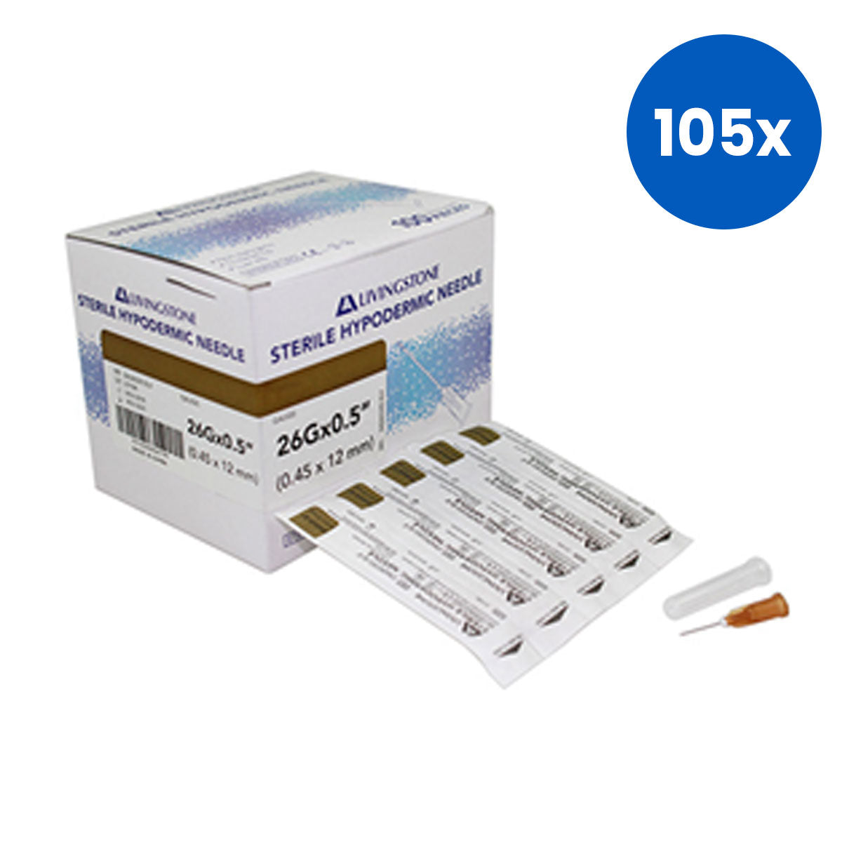 Livingstone Hypodermic Needles 26G x 0.5 Inch (1.3cm) Sterile Stainless Steel Luer Lock Compatible 100Pieces/Box- Clear x105