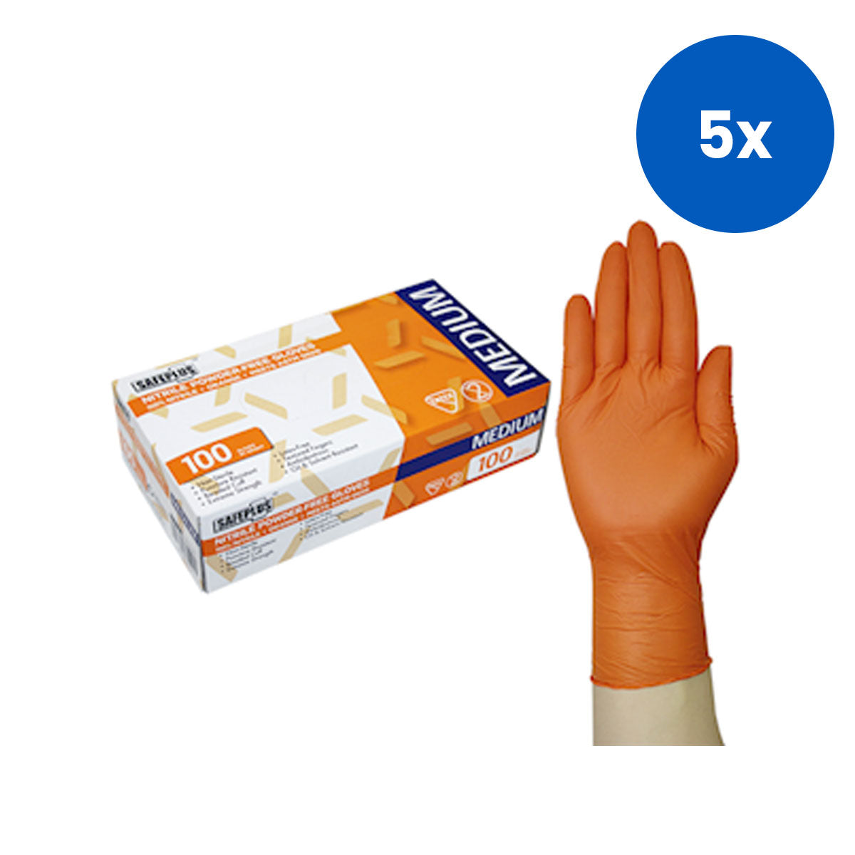 Safeplus Thick Nitrile Gloves Medium Size 245mm Cuff Heavy Duty Powder Free 100/Box 1000/Carton - Orange x5
