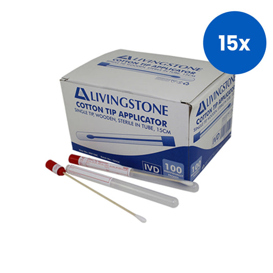 Livingstone Cotton Tip Applicator Transport Swab 15cm Biodegradable Wooden Stem 100/Box - White x15