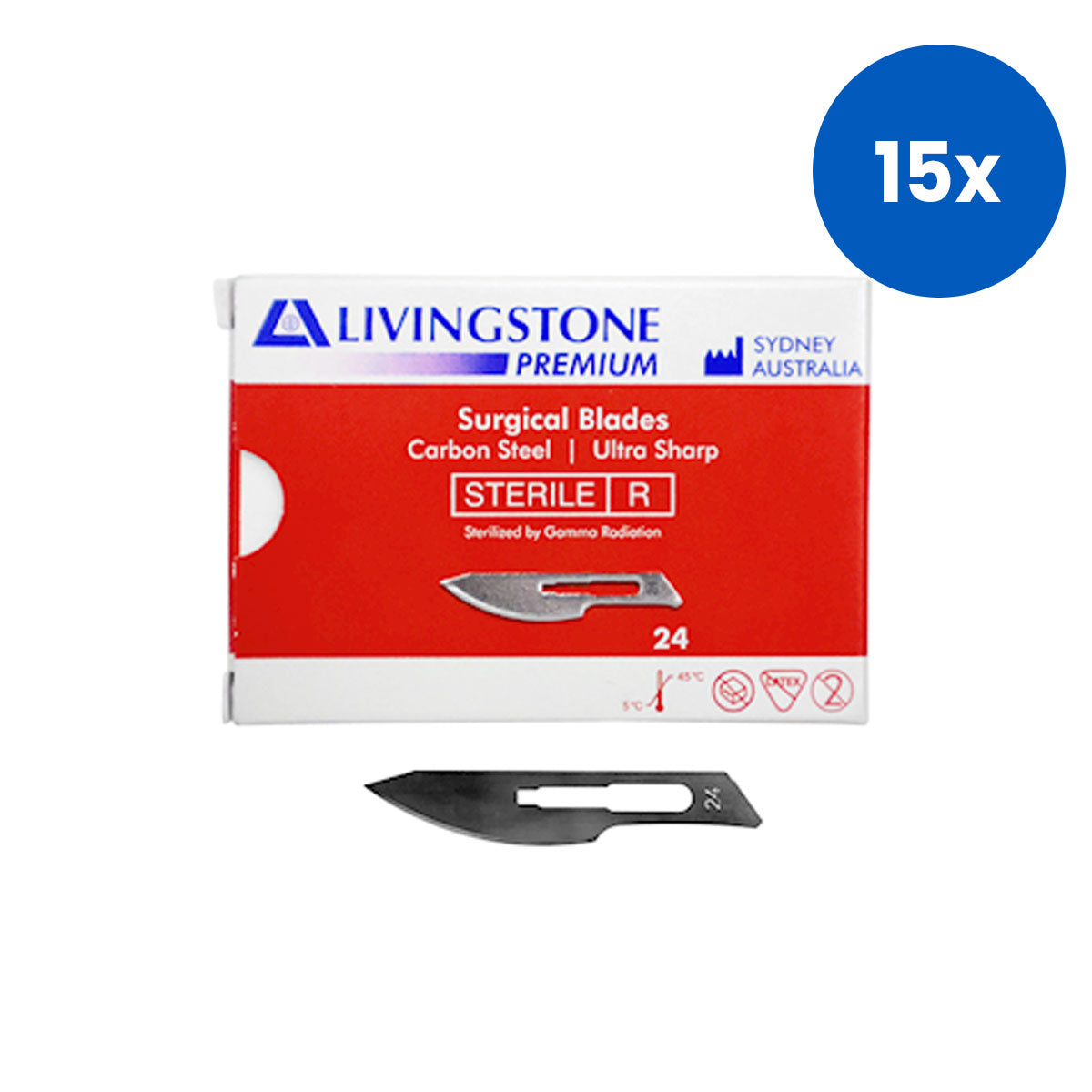 Livingstone Premium Surgical Scalpel Blade Carbon Steel Size 24 100 Pcs/Box - Silver x15