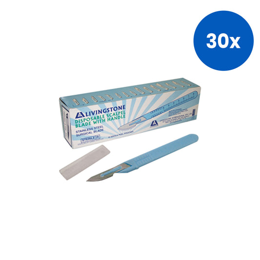 Livingstone Disposable Scalpel Stainless Steel Blade Size 20 with Ergonomic Handle Sterile Surgical Instrument 10 Pieces/Box - Silver x30