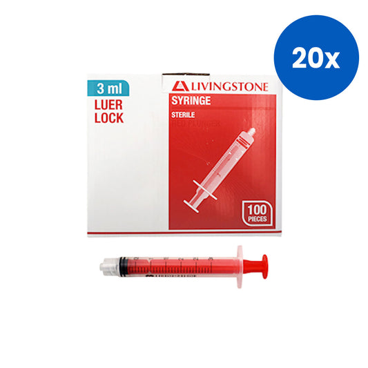 Livingstone Syringe 3ml Luer Lock Tip Red Plunger Latex Free Hypoallergenic 100/Box - Red x20