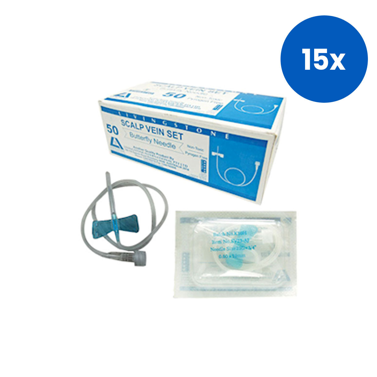 Livingstone Winged Scalp Vein Infusion Set 23 Gauge x 0.75 Inch Needle 30cm Tube - Blue x15