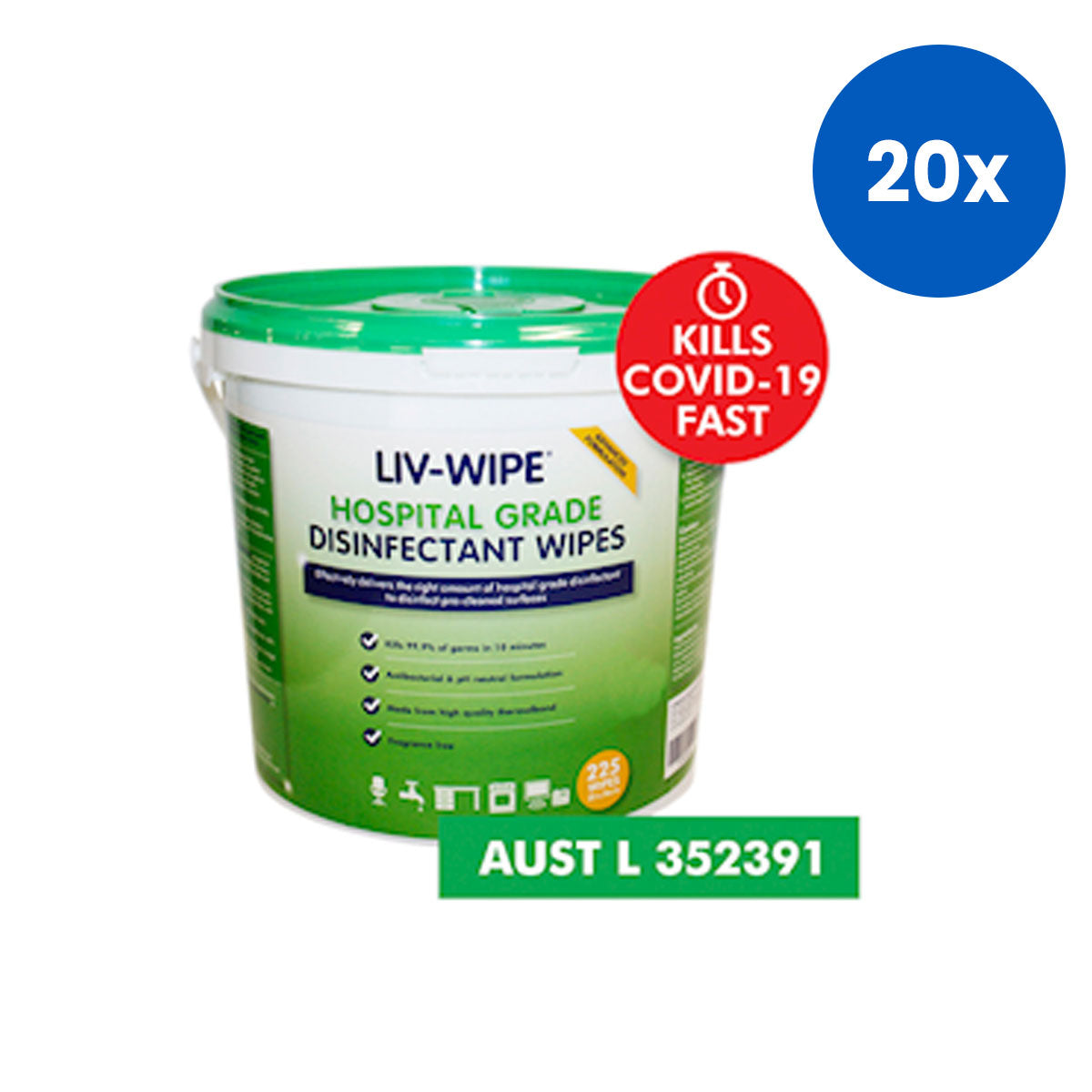 Liv-Wipe Hospital Grade Sanitiser Disinfectant Wipes 20 x 30cm 225 Wipes/Pail x20
