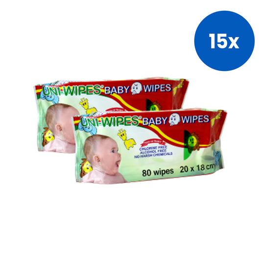 UNI-Wipe Baby Wipes Natural Scent Perfume Free 20 x 18cm 80 Wipes in Resealable Soft Pack 20 Packs/Carton x15