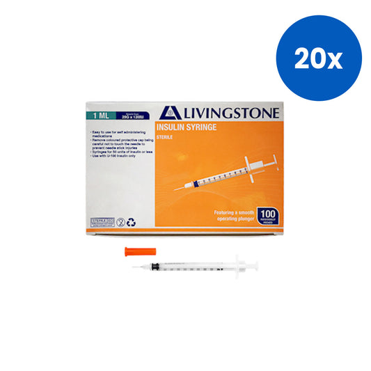 Livingstone Insulin Syringe 1ml with Needle 29G x 0.5 Inch White Plunger Sterile Single-Use 100 Pieces/Box - Clear x1