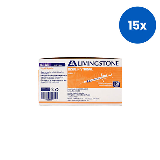 Livingstone Insulin Syringe 0.3ml with Needle 31G x 0.32 Inch 8mm Sterile White Plunger 100 Pieces/Box - Clear x15