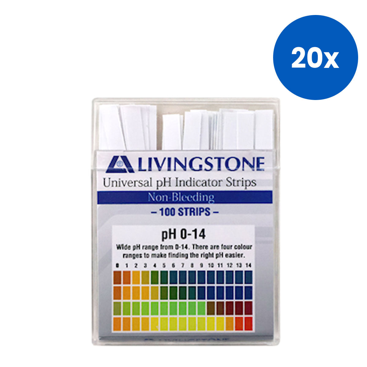 Livingstone Universal pH Indicator Strips Litmus Paper pH 0 to 14 with Colour Chart 100 Tests/Pack - White x20