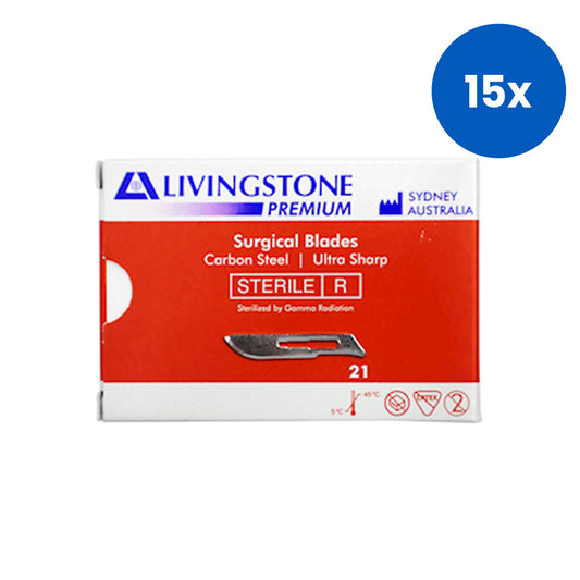 Livingstone Surgical Scalpel Blade Size 21 Carbon Steel Sterile Individually Packed 100 Pieces/Box - Silver x15