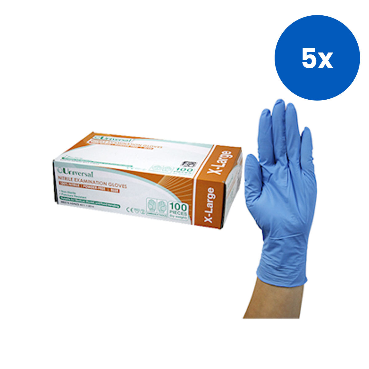 Universal Choice Nitrile Examination Gloves Extra Large Size AS NZ Standard Powder Free 100/Box 1000/Carton - Blue x5