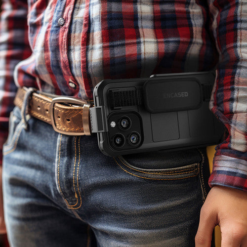 Encased Falcon Case iPhone 15 Pro Max with Hand Strap and Belt Clip Holster - Black