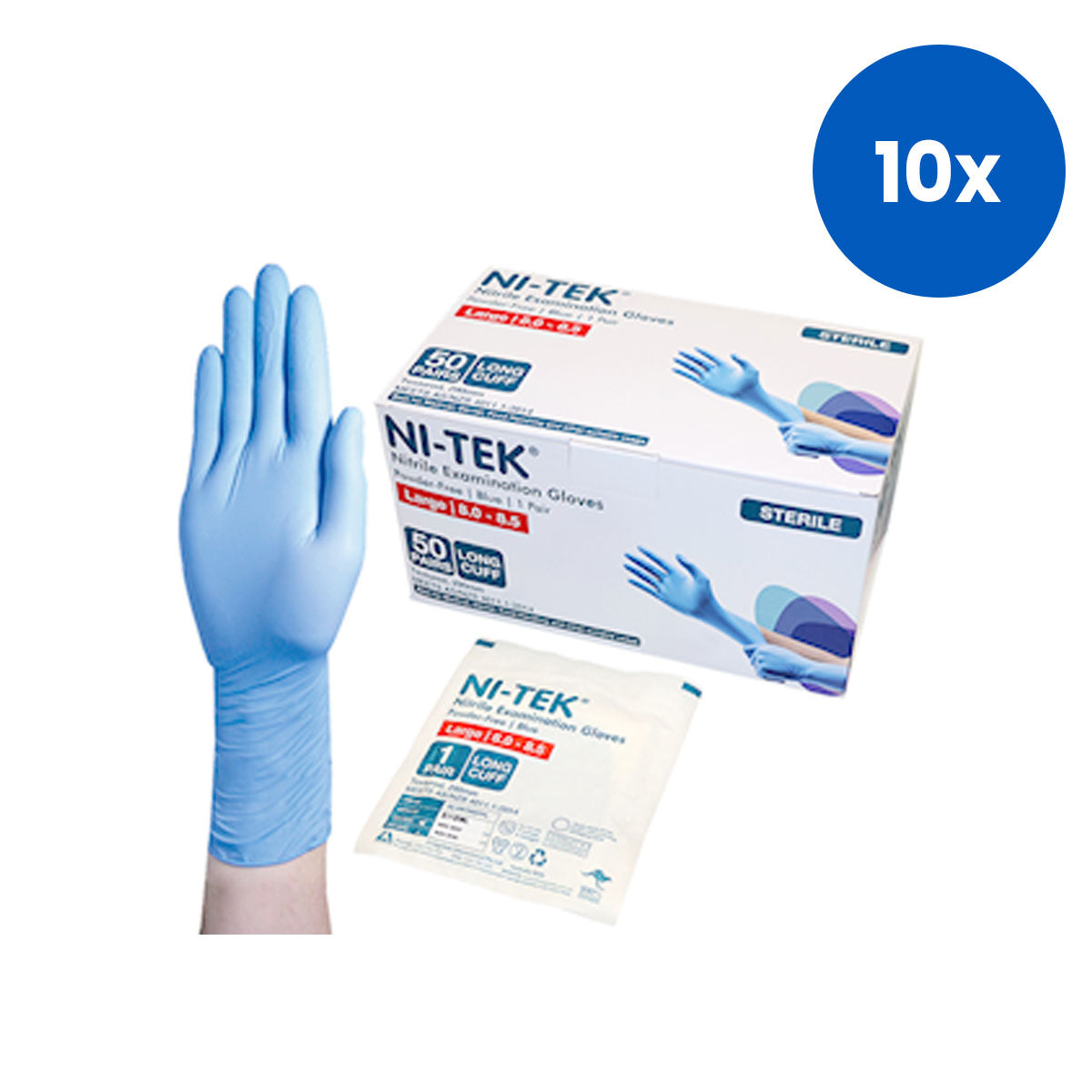 Ni-Tek Nitrile STERILE Exam Gloves Textured Powder Free 290mm Long Cuff Large Size 50 Pairs/Box - Blue x10