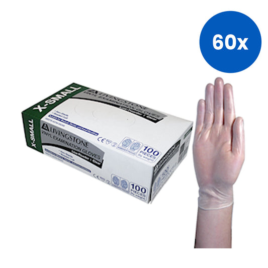 Livingstone Vinyl Exam Gloves 5.0g Extra Small Low Powder Recyclable Disposable Medical Use 100/Pack - Clear x60