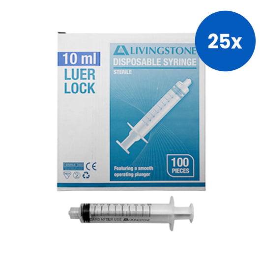 Livingstone Syringe 10ml Luer Lock Tip Latex Free Hypoallergenic 100/Box - Clear x25
