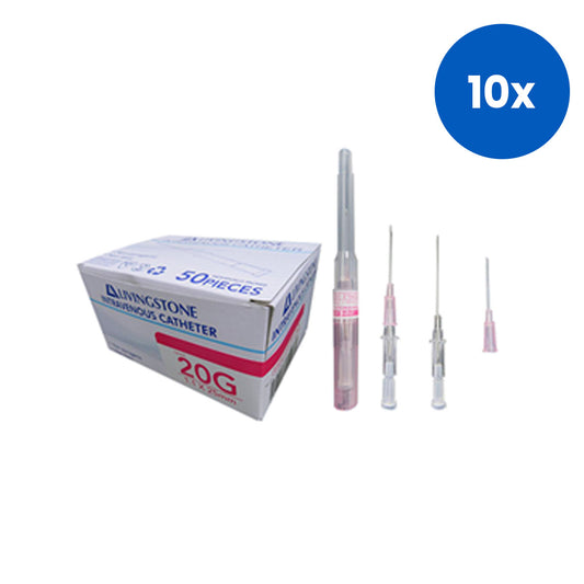 Livingstone Intravenous IV Catheter 20 Gauge x 1 inch Sterile Medical Grade Single Use 50/Box - Clear x10
