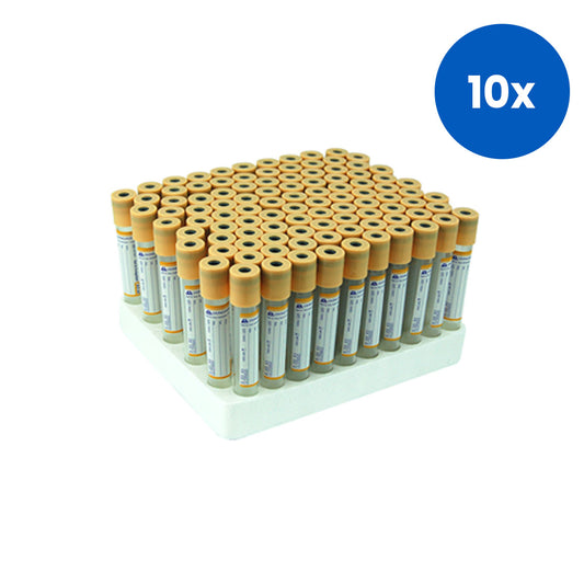 Livingstone SST Blood Collection Tube 8.5mL Plastic with Clot Activator Gel Separator Gold Non-Spill Cap 16 x 100mm 100/Pack