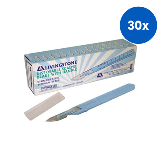Livingstone Disposable Scalpel Stainless Steel Blade Size 23 Attached to Handle 10 Pieces/Box - Blue x30