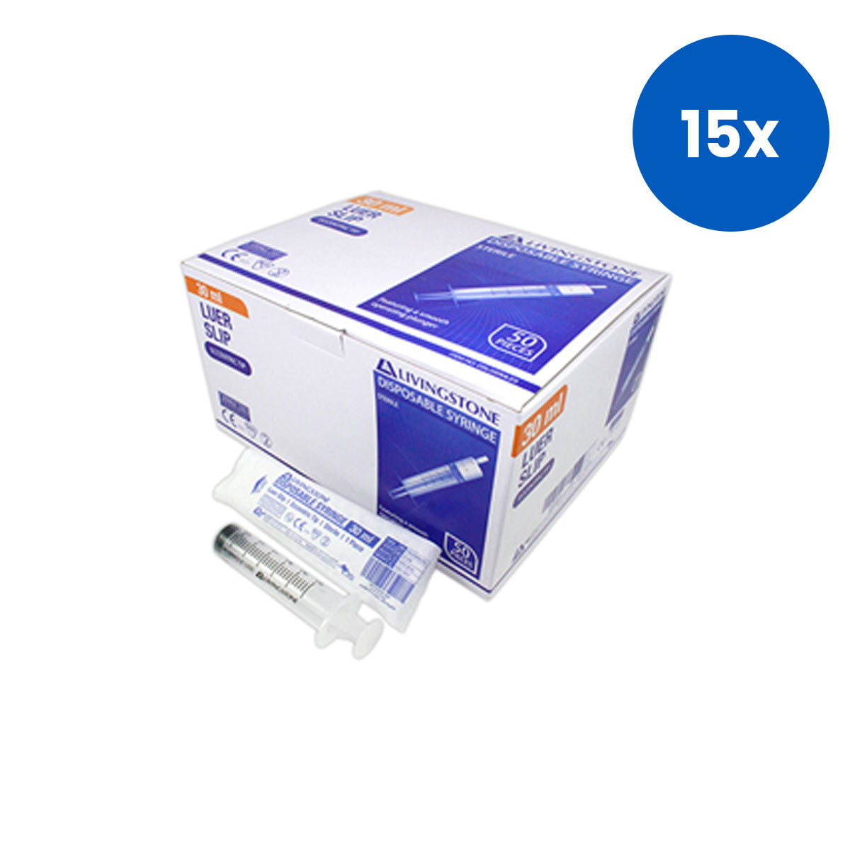 LIV Syringe 30mL Luer Slip Tip Eccentric Off Centre Sterile Hypoallergenic Latex Free Medical Grade Injector 50 Pieces/Box - White x15