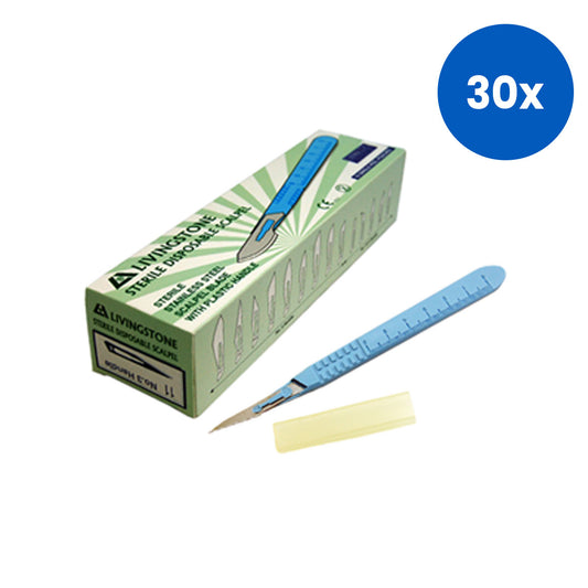 Livingstone Disposable Scalpel Stainless Steel Blade Size 11 Attached to Handle 10 Pieces/Box - Blue x30