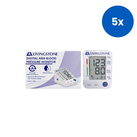 Livingstone Digital Blood Pressure Monitor with Voice Assist Auto Inflating LCD Display Cuff 22–33cm Battery Operated - White x5