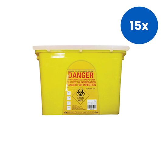 Livingstone Sharps Waste Collector with Sliding Lid and Finger Guard 15L Capacity Puncture-Resistant Plastic - Yellow x15