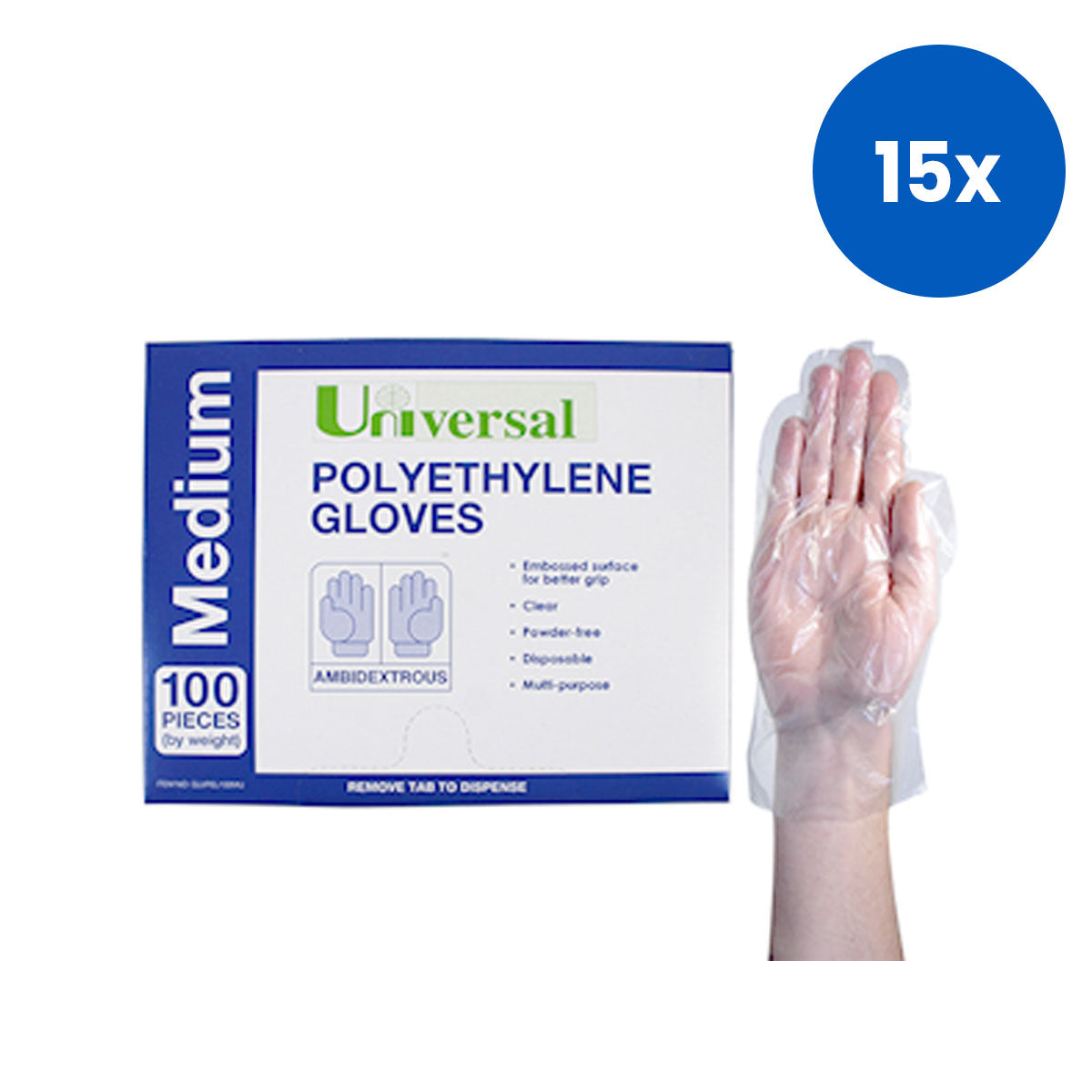 Universal Choice Disposable Polyethylene Gloves Medium Size Recyclable Latex Free Clear 100/Pack 2,500/Carton - Clear x15