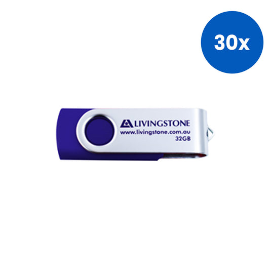 Livingstone USB Flash Drive 32GB 3.0 High Speed Data Transfer - Blue/Silver x30