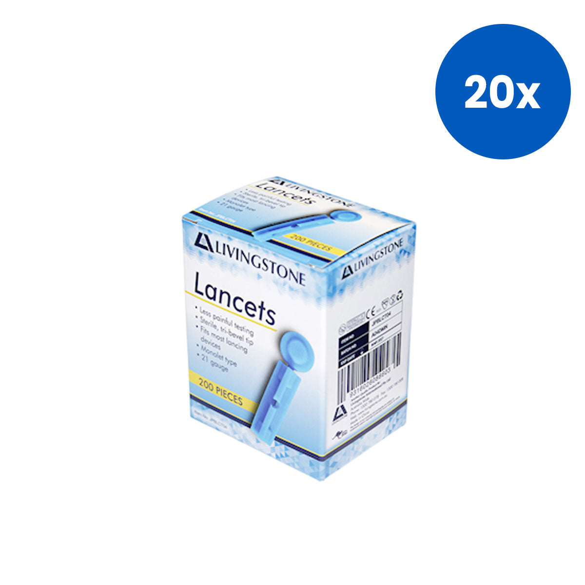 Livingstone Plastic Lancet Autolet Glucolet Monolet 21Gx1.8MM Stainless Tip 200/Box - White x20