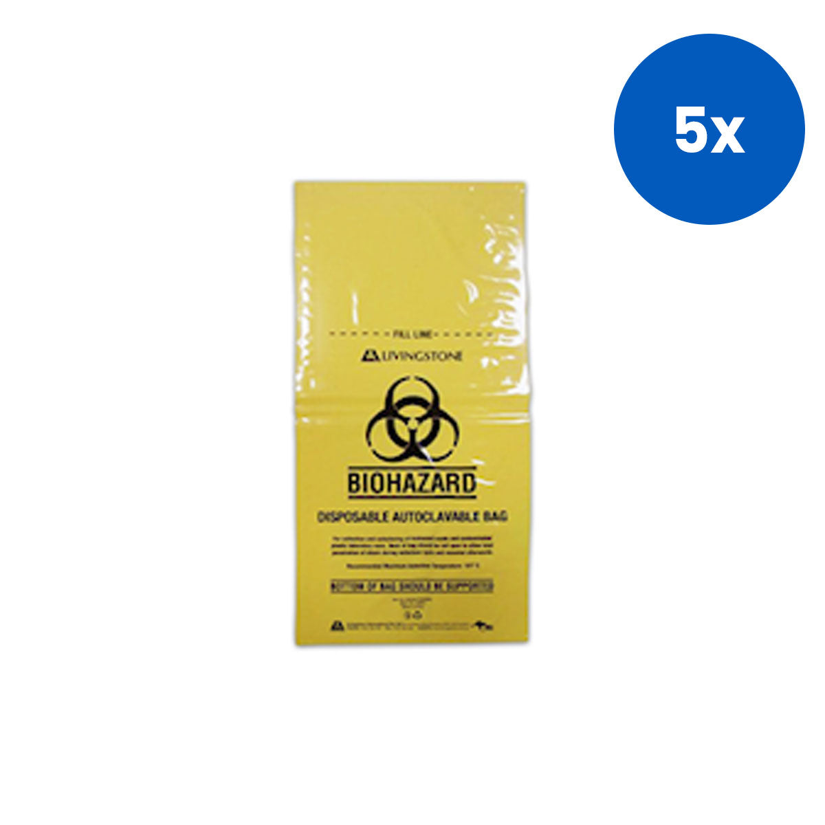 Livingstone Biohazard Autoclavable Waste Bag 30x60cm 20L Polypropylene 50/Pack 500/Carton - Yelow x5