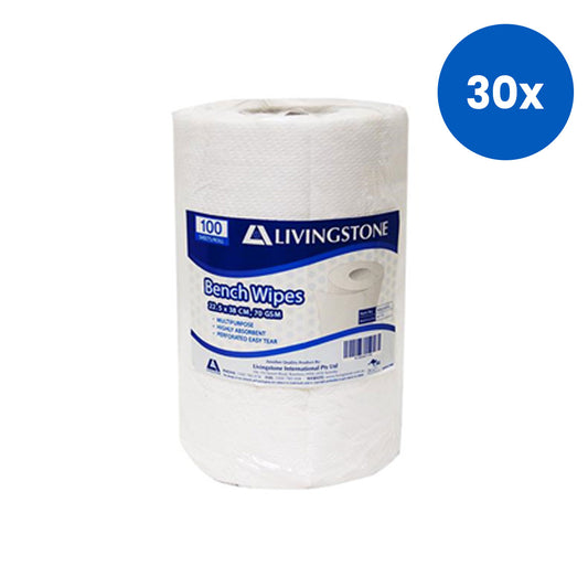 Livingstone Heavy Duty Bench Wipe And Hand Towel 23x38cm 38m Food Grade HACCP Certified Lint Free Surface Cleaning 100 Sheets/Roll - White x30