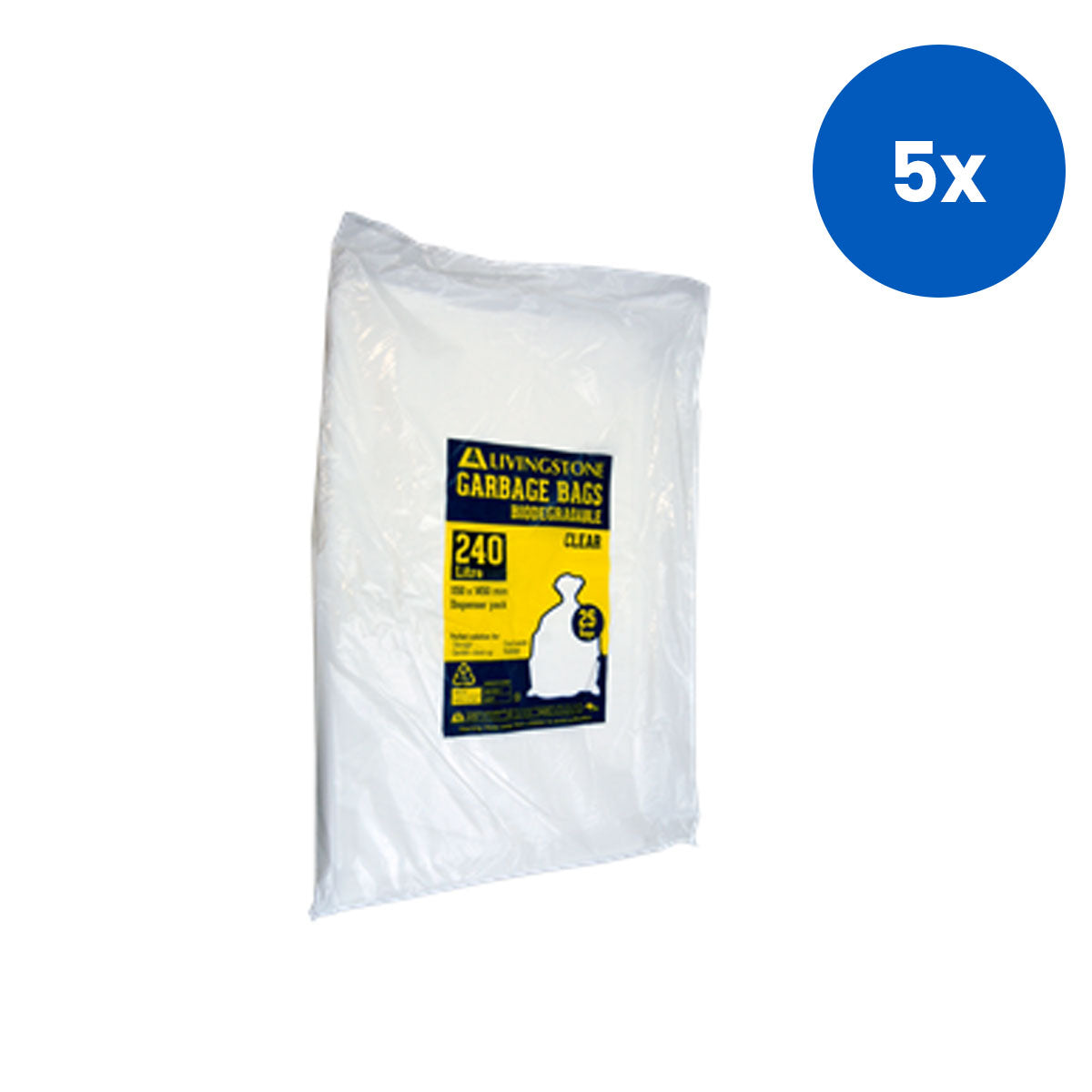 Livingstone Garbage Bag Bin Liner 240L 115x145cm Heavy Duty HDPE 25 Pieces/Pack 200 Pieces/Carton - Clear x5