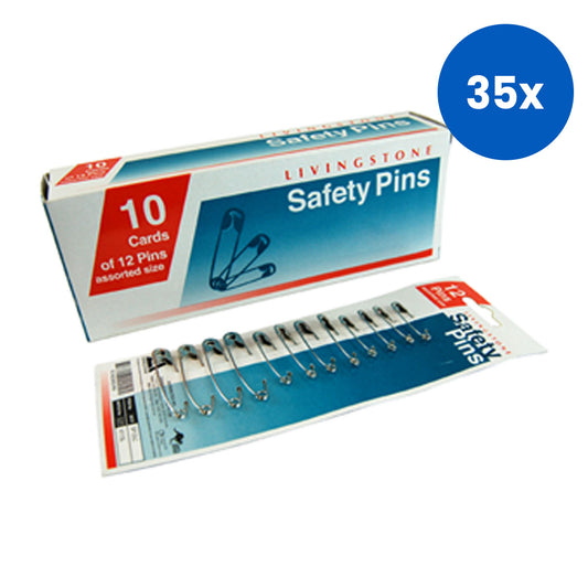 Livingstone Safety Pins 4 Each of Size 12 Pins/Card 10 Cards/Box - Silver x35