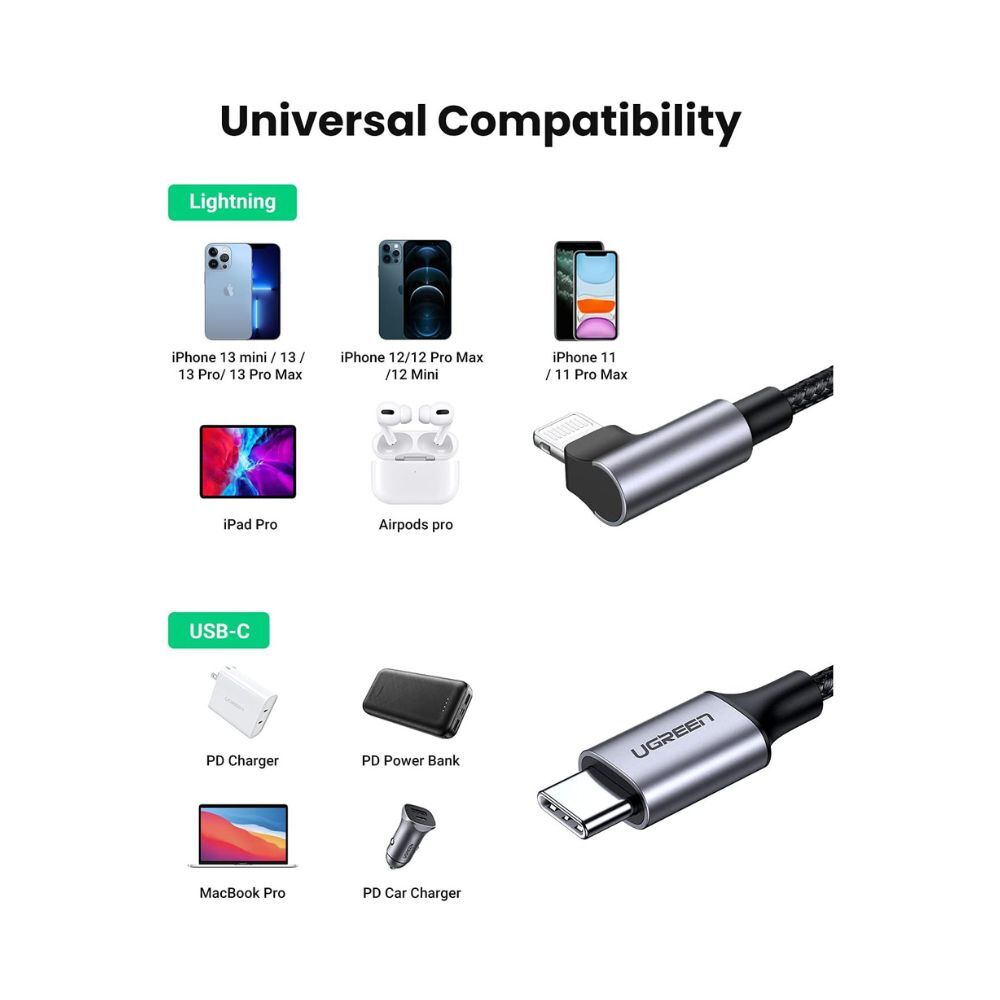 UGREEN Angle USB-C Male to Lightning 60W Braided 2m Black