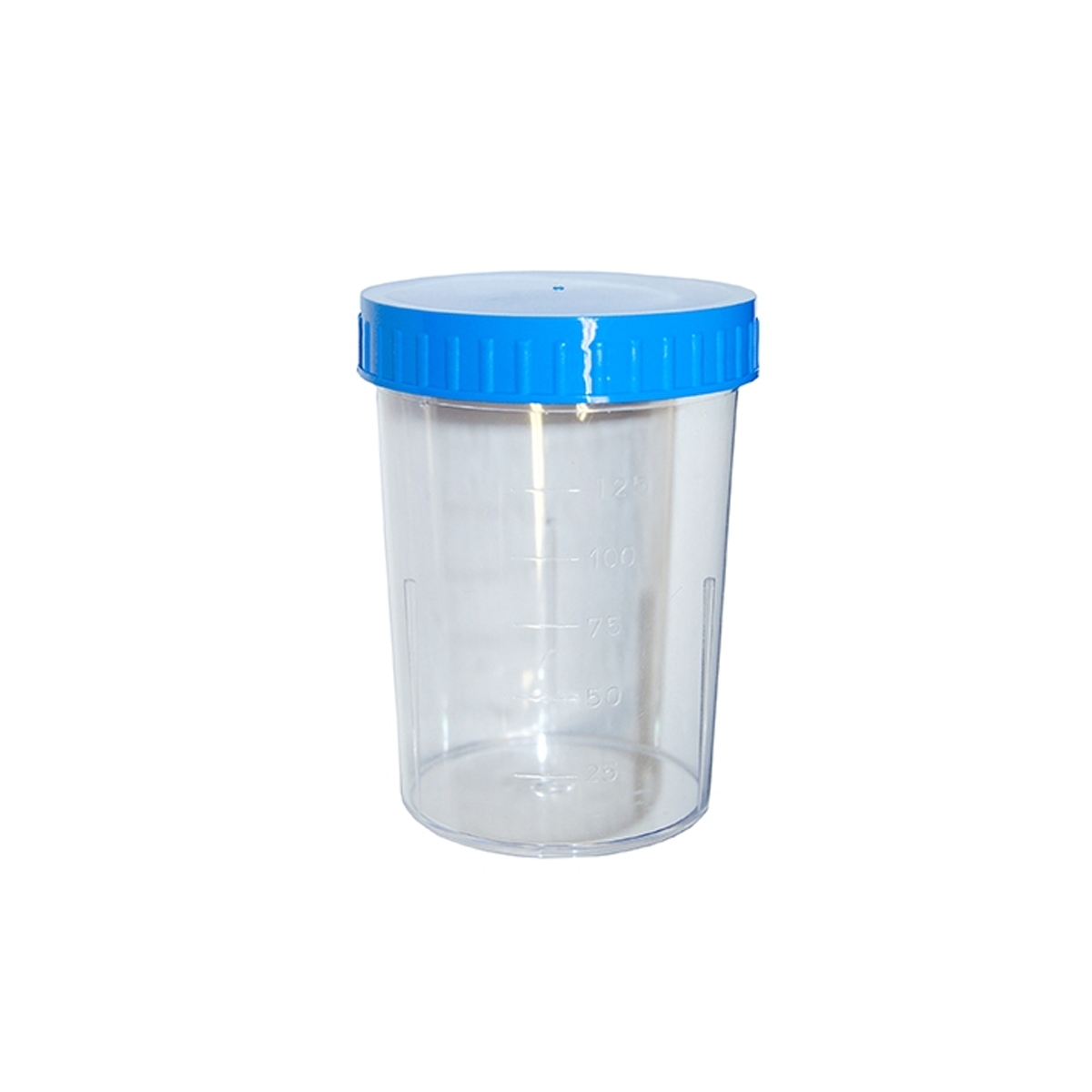 Urine Container with Light Blue Screw Cap 150ml Graduated up to 125ml 60 (D) x 83mm Polystyrene 450/Carton - Clear x5