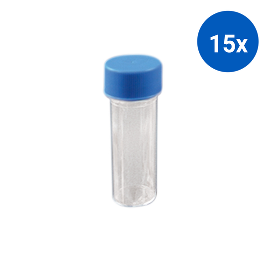 Livingstone Specimen and Urine Containers 25ml Labelled Polystyrene 100/Bag - Clear/Blue Cap x15