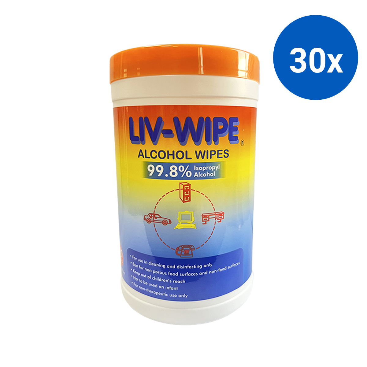 Liv-Wipe Antibacterial Alcohol Wipes 99.8% Isopropyl Alcohol 20.3 x 12.7cm 100/Tub - White x30