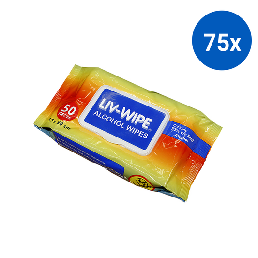 Liv-Wipe Antibacterial Alcohol Wipes 75% Ethyl Alcohol Sanitiser 15 x 20cm 45GSM Nonwoven 50/Pack - White x75