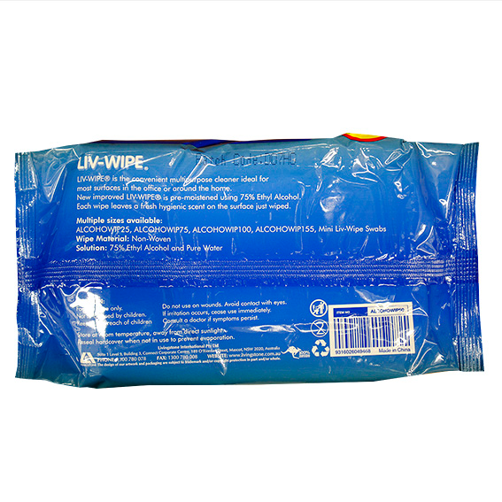 Liv-Wipe Antibacterial Alcohol Wipes 75% Ethyl Alcohol Sanitiser 15 x 20cm 45GSM Nonwoven 50/Pack - White x75
