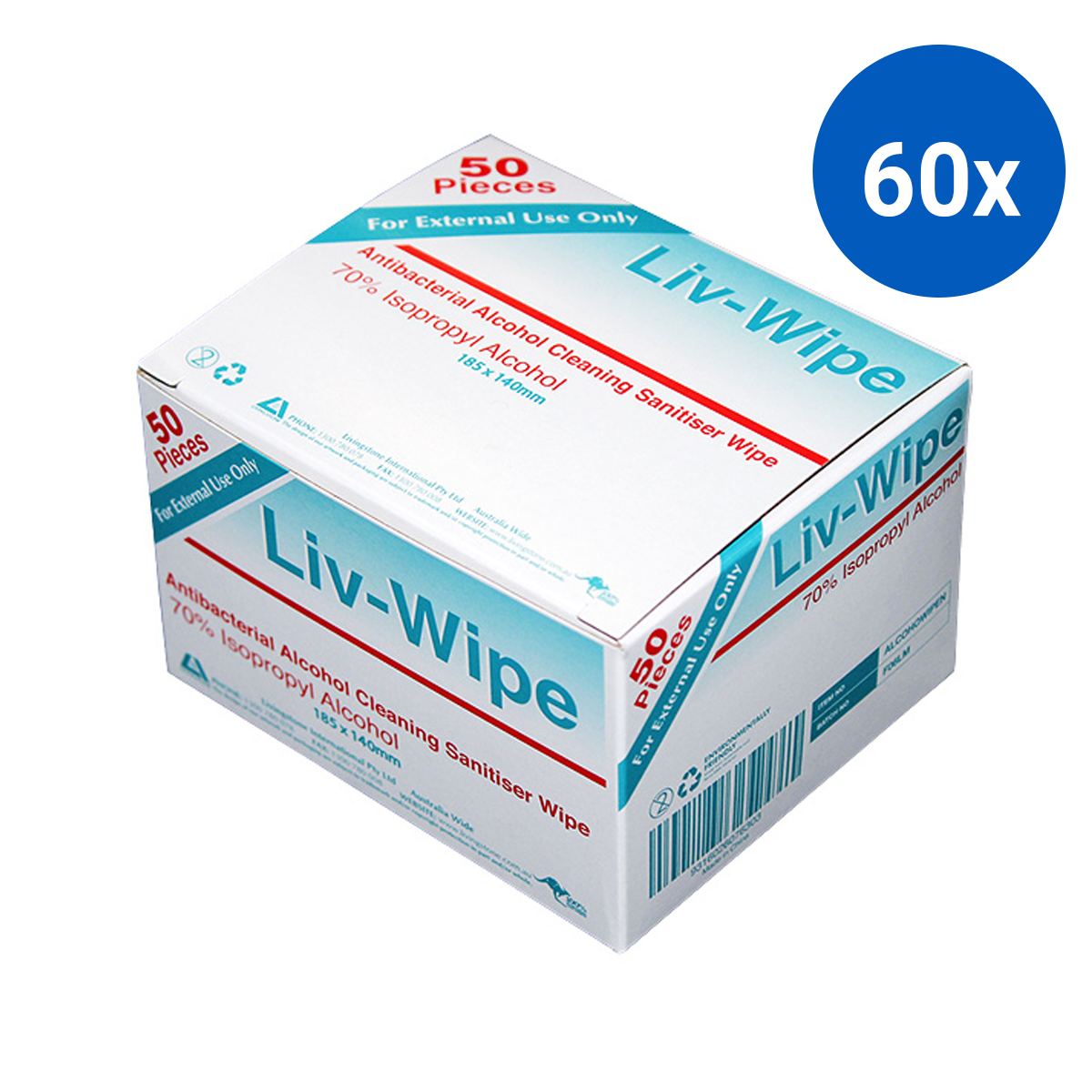Liv-Wipe Antibacterial Alcohol Cleaning Sanitiser Wipe 18.5 x 14cm 50/Box - White x60