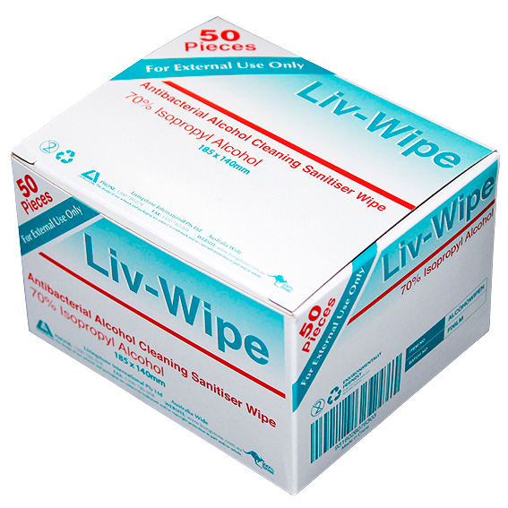 Liv-Wipe Antibacterial Alcohol Cleaning Sanitiser Wipe 18.5 x 14cm 50/Box - White x60