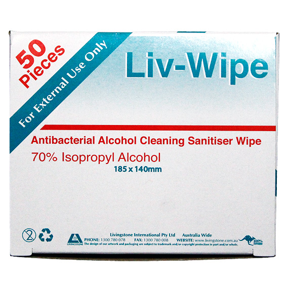 Liv-Wipe Antibacterial Alcohol Cleaning Sanitiser Wipe 18.5 x 14cm 50/Box - White x60