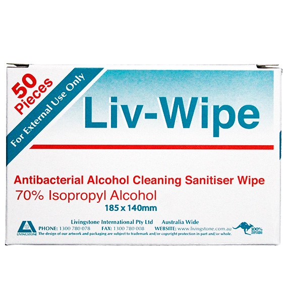 Liv-Wipe Antibacterial Alcohol Cleaning Sanitiser Wipe 18.5 x 14cm 50/Box - White x60
