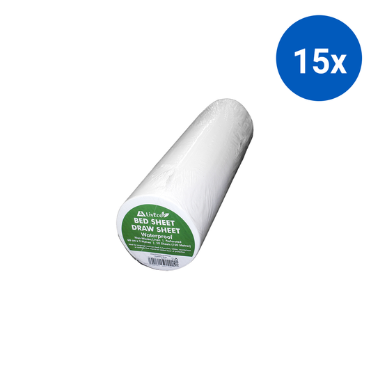 Liv Eco Draw Sheet or Bed Sheet 60cm x 100m Perforated 50 Sheets/Roll - White x15
