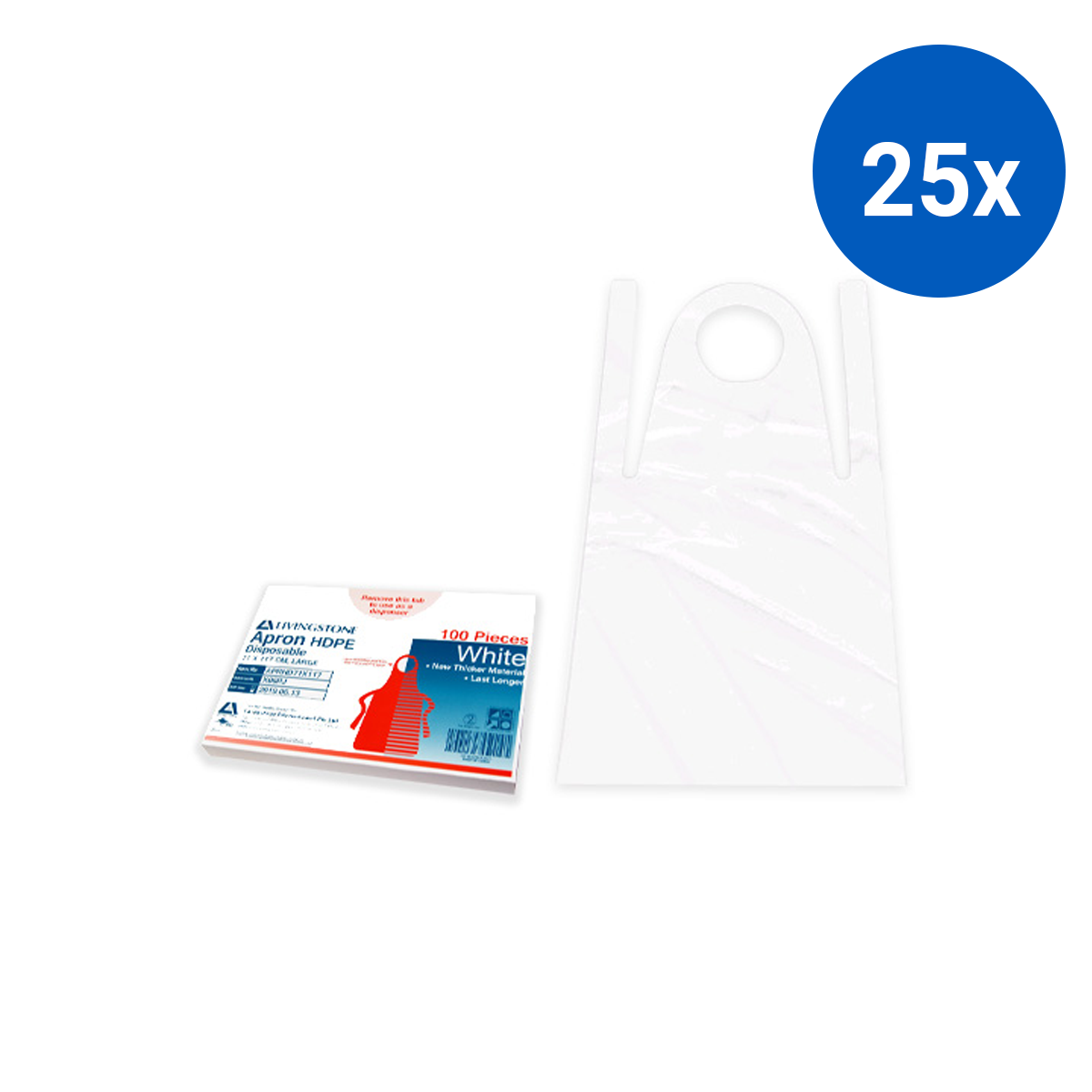 Liv Disposable Aprons Bib Type 23um 71 x 117cm HDPE HACCP 100/Box - White x25