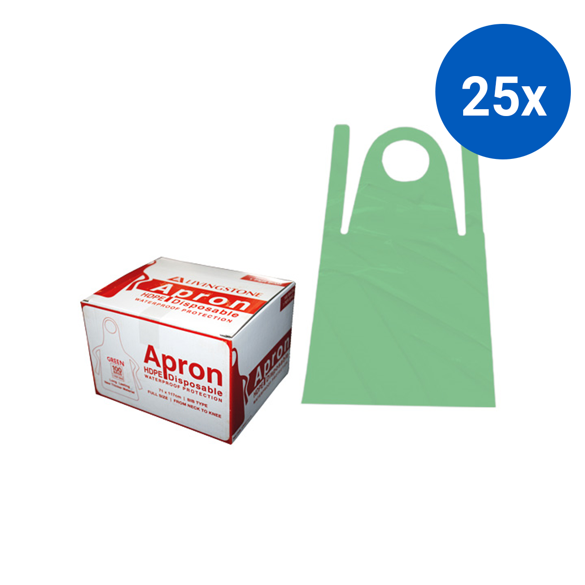 Liv Disposable Aprons Bib Type 23um 71 x 117cm HDPE 100/Box - Green x25