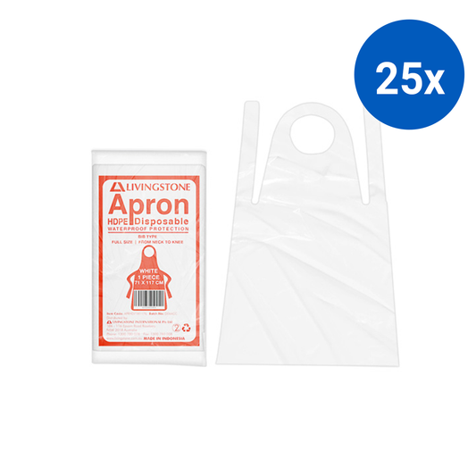 Liv Disposable Aprons Bib Type 23um 71 x 117cm HDPE Single Pack 100 Packs/Box - White x25
