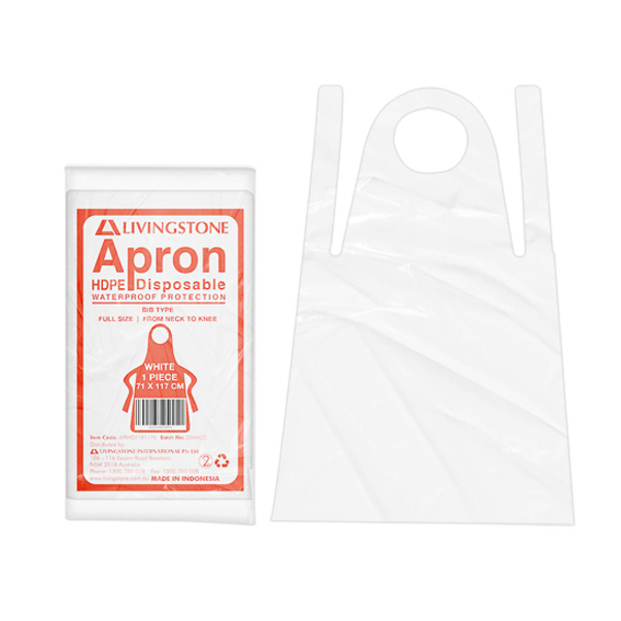 Liv Disposable Aprons Bib Type 23um 71 x 117cm HDPE Single Pack 100 Packs/Box - White x25