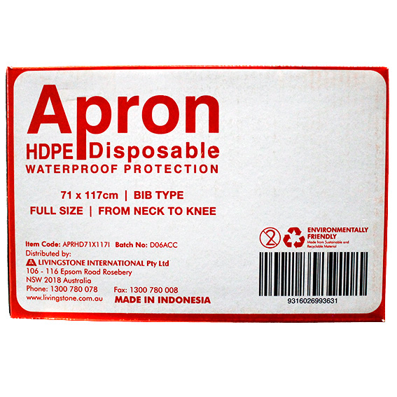 Liv Disposable Aprons Bib Type 23um 71 x 117cm HDPE Single Pack 100 Packs/Box - White x25
