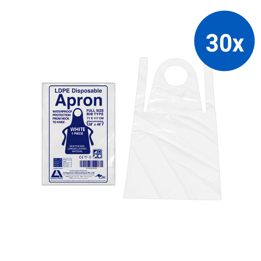 Livingstone Disposable Apron 71 x 117cm LDPE Bib Type 100/Box - White x30